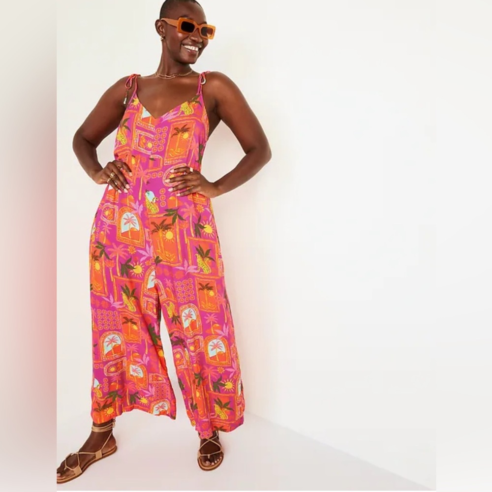 Old Navy Pink & Orange Tropical Tie-Shoulder Wide-Leg Jumpsuit